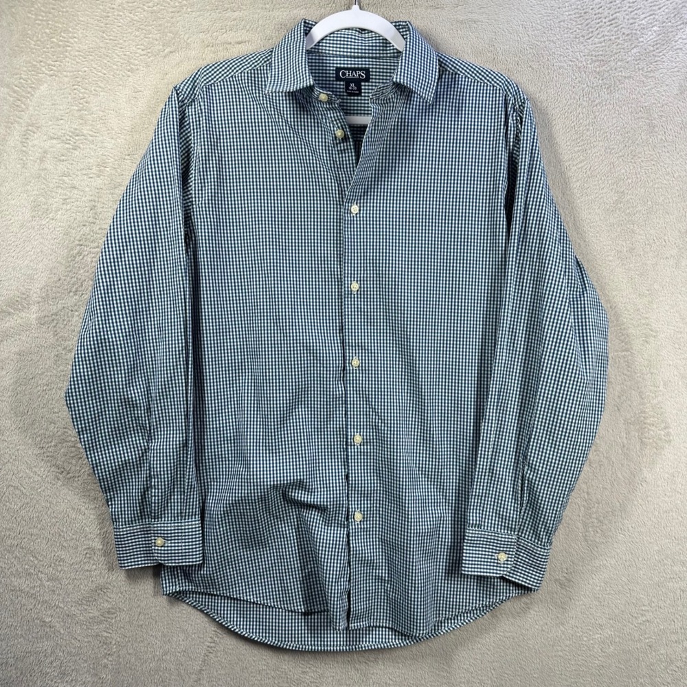 Chaps Button Down Shirt Big Kids XL 18-20 Teal Gingham Checkered Long Sleeve